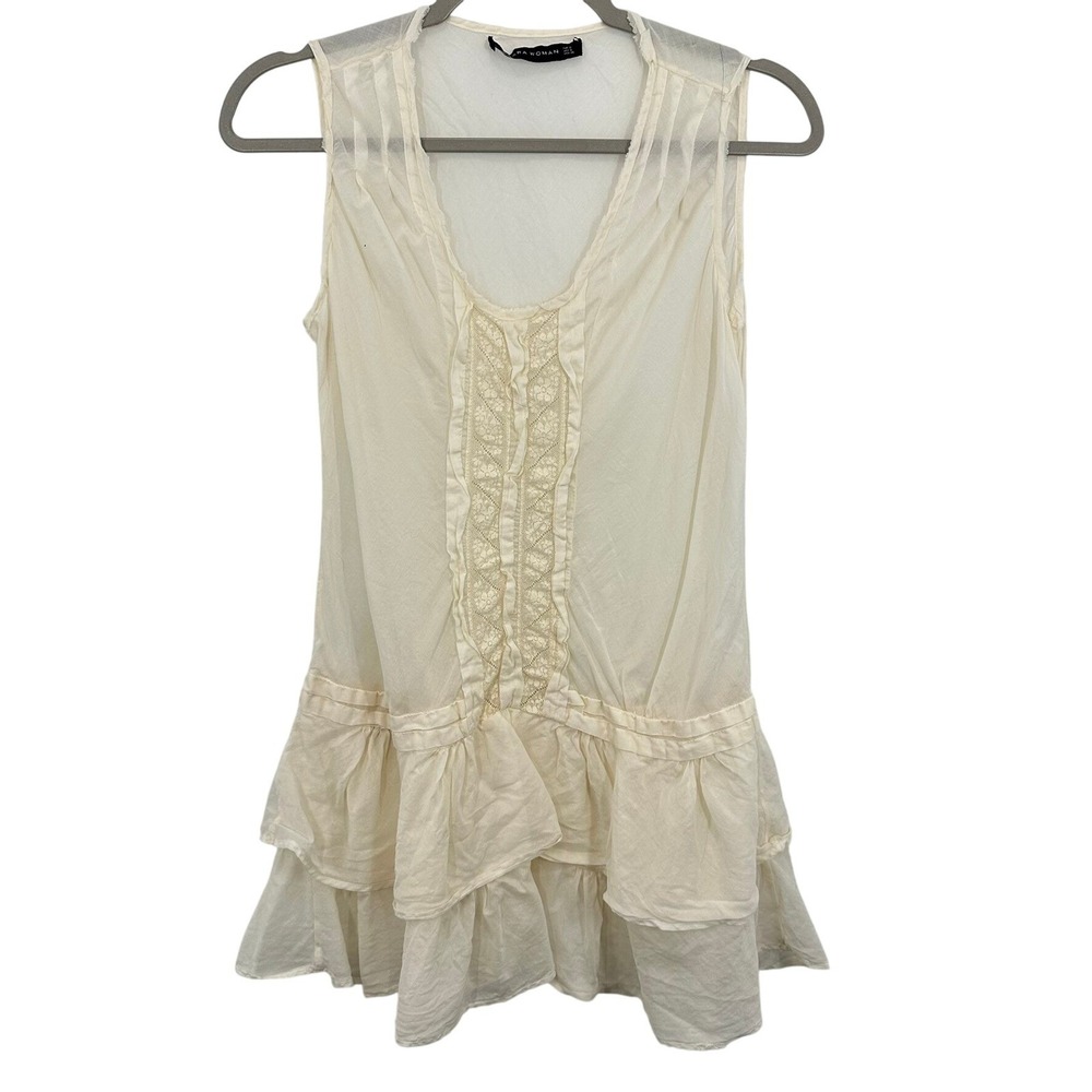 Zara Cream Sleeveless Sheer Mini Ruffle Dress Lace Boho Bohemian Peasant Whimsy